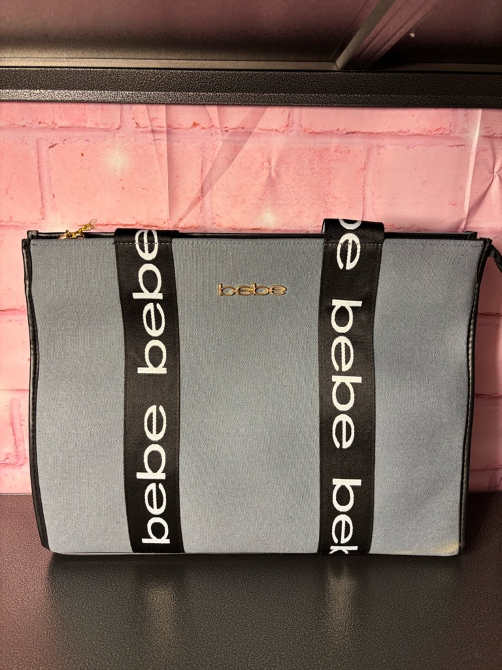 bebe Light Blue Tote with Black Logo Straps
